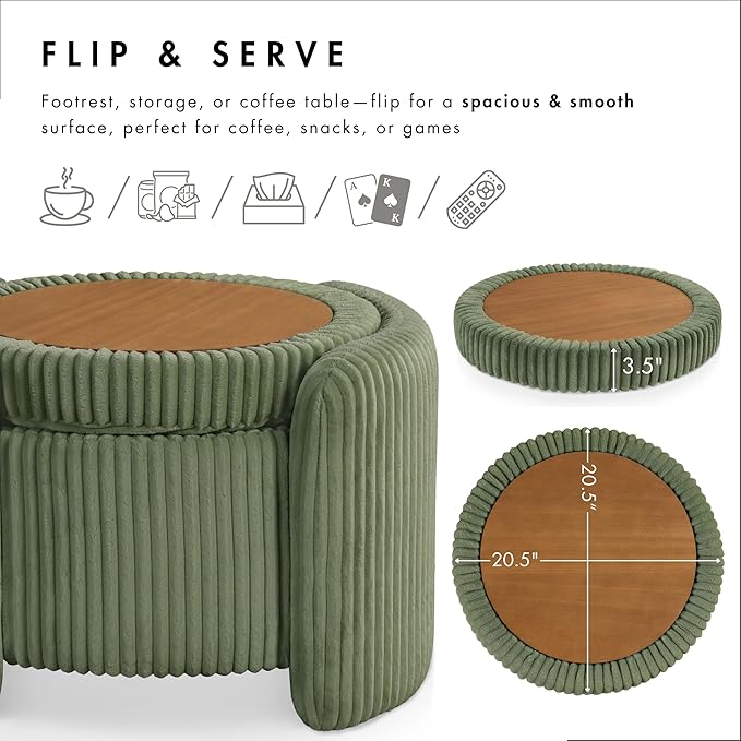 Furniture of America Lennox Modern Chenille 25-inch Round Storage Ottoman with Reversible Flip Top, Upholstered Footstool for Living Room, Bedroom, Entryway, Beige Pink