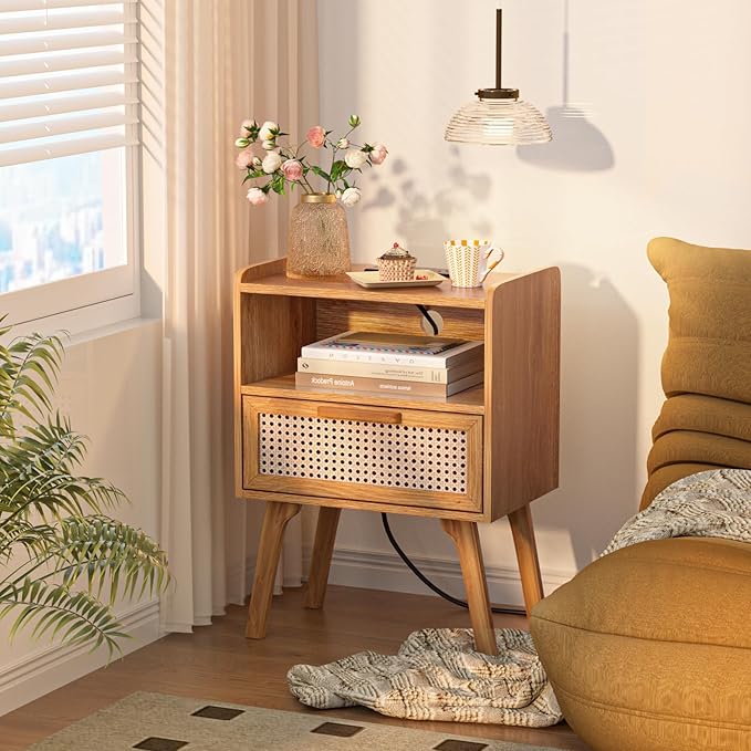 Lerliuo Rattan Nightstand with Charging Station, Side Table with Drawer, Cane Accent Bedside End Table with Solid Wood Legs, Night Stand for Bedroom, Dorm and Small Spaces (Tea Brown)