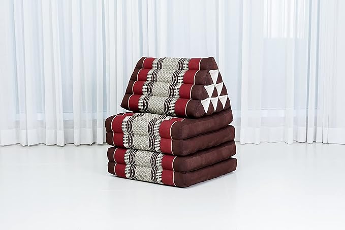 Leewadee Comfortable Japanese Floor Mattress - Thai Floor Bed with Triangle Cushion - Futon Mattress - XL Extra Long Thai Massage Mat, 89 x 20 inches, Brown Red, Kapok Filling