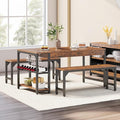 YITAHOME 63" 3 Piece Kitchen Dining Table Set for 4 with Bench & Storage, Farmhouse Rectangle Dining Room Dinner Table with Wine & Glass Holder for Space Saving Brown