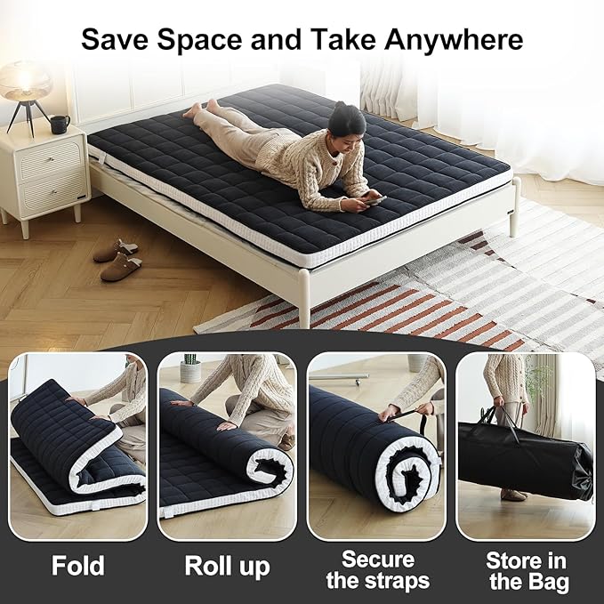 Tiita Japanese Floor Mattress, 4” Thicken Futon Mattress with Storage Bag and 2 Straps, Full Size Sleeping Tatami Mat for Adults，Black