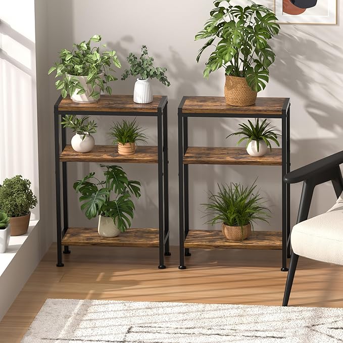 Narrow Side Table for Small Space Set of 2, 3-Tier Small End Table with Shelf Holder, Slim Nightstand, Skinny Snack Couch Table in Living Room, Bedroom, Study, Kitchen and Balcony（Rustic Brown