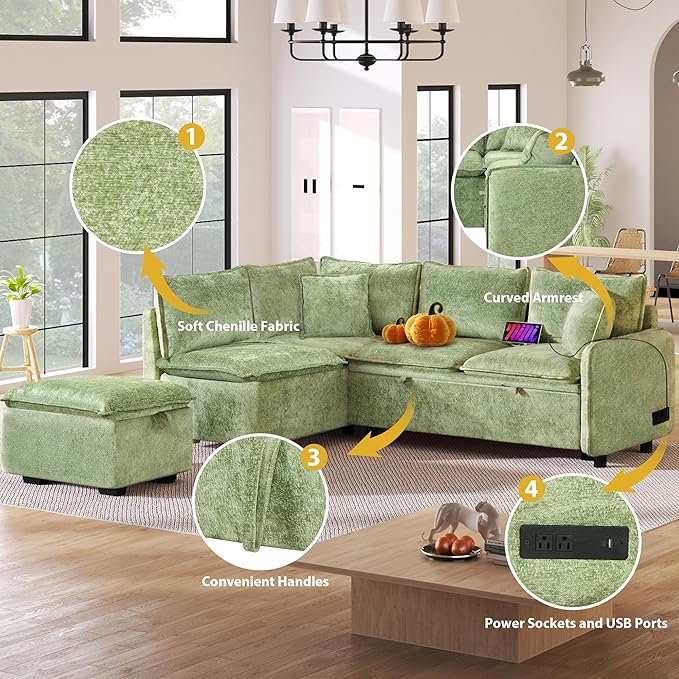 Ball & Cast 82.67" L-Shaped Sectional Pull Out Sofa with Two USB Ports,4-Seater Convertible Couch w/Power Sockets and Movable Storage Ottoman,for Living Room,Apartment,Green