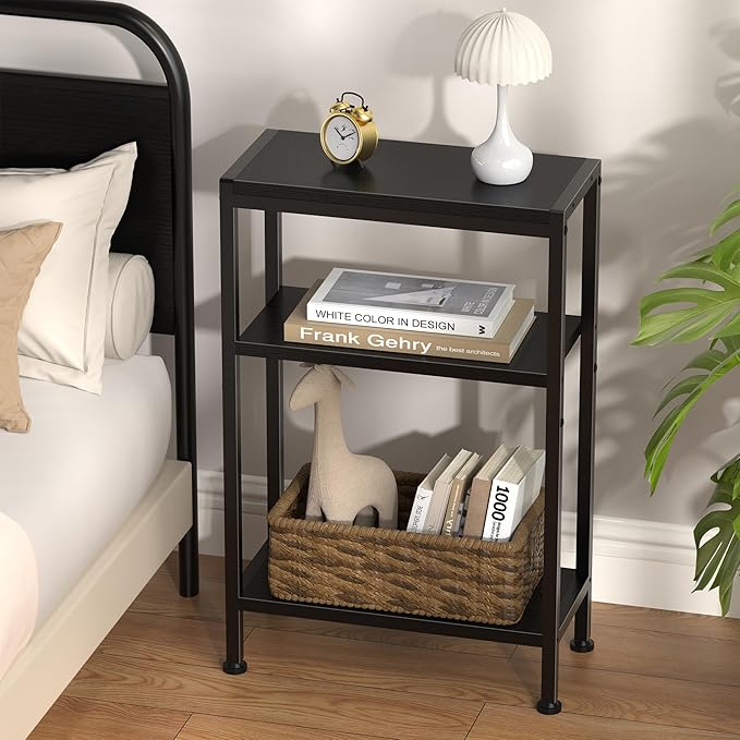 Narrow Side Table for Small Space Set of 2,3-Tier Small End Table with Shelf Holder, Slim Nightstand, Skinny Snack Couch Table in Living Room, Bedroom, Study, Kitchen and Balcony（Black