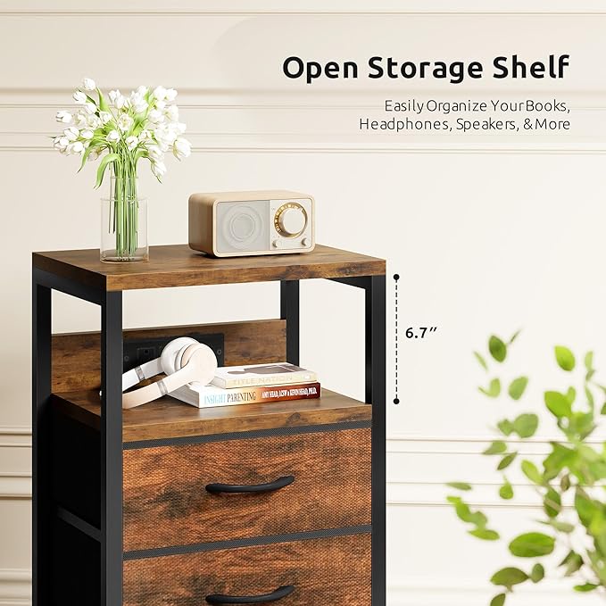 NightStand Bedside Charging Table Bedroom - Night Stand with Charger Station, Modern Nightstand with Open Shelf & 4 Fabric Drawers, Bed Side Table with USB-C USB Ports & AC Outlets for Dorm