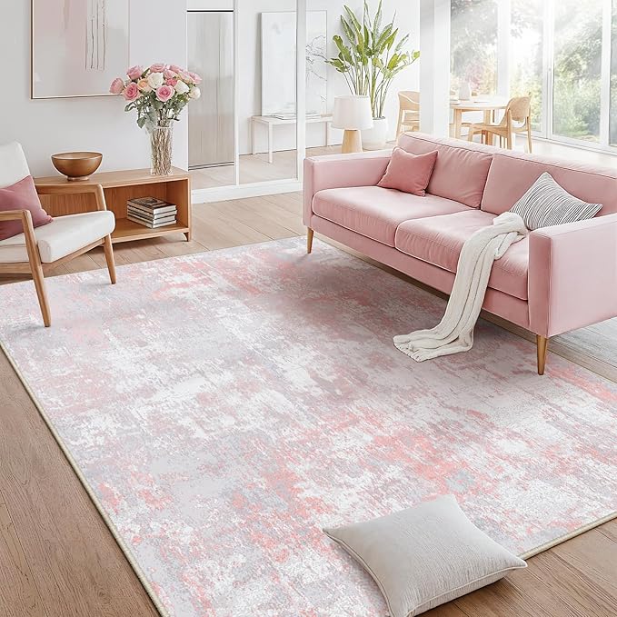 Washable Area Rugs 5'x7' Non-Slip Modern Abstract Soft for Living Room Entryway Bedroom Nursery, Print Pattern, Grey Pink