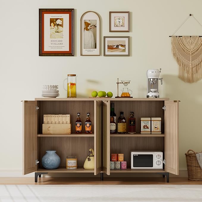 Sideboard Buffet Cabinet with Storage, 4 Doors Rattan Kitchen Cabinet with Adjustable Shelf, Accent Sideboard Entryway Console Table for Living Room, Natural