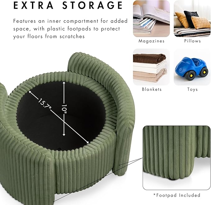 Furniture of America Lennox Modern Chenille 25-inch Round Storage Ottoman with Reversible Flip Top, Upholstered Footstool for Living Room, Bedroom, Entryway, Green
