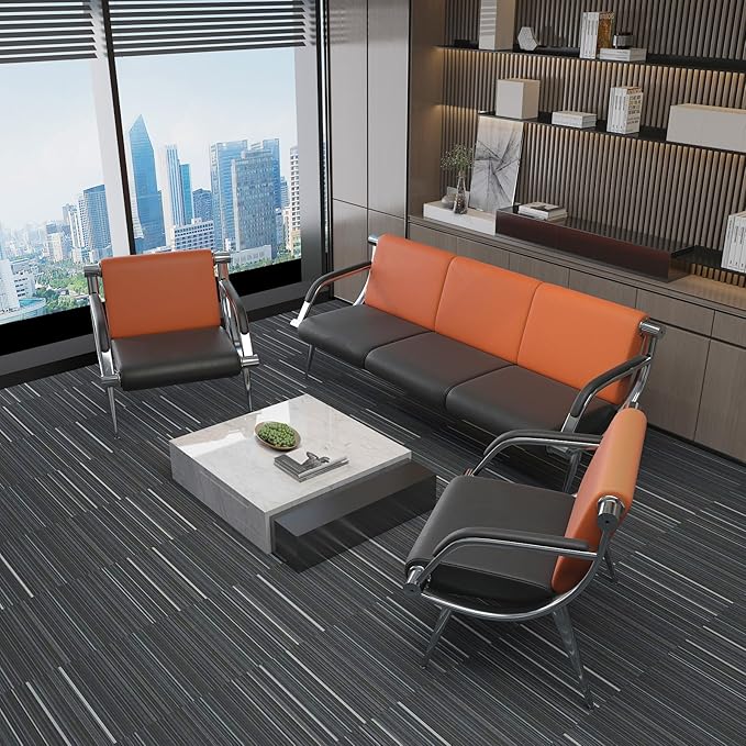wonline 5 Seat Waiting Room Chair with Armrest PU Leather Office Furniture, Office Guest Seating Lobby Conference Reception Chairs for Airport Clinic Hospital Bank Salon Barber(Orange&Black)