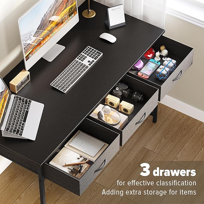WOHOMO Computer Desk with 3 Drawers, 47.2 Inch Bedroom Desk with Storage, Home Office Desk for Room Spaces, Modern Work Writing Study Tables, Black