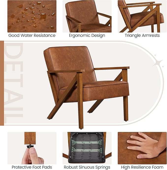 Yaheetech Accent Chair, Armchair with Strong Wood Frame, PU Leather Modern Retro Lounge Chair for Living Room/Lounge/Office/Reception Area, 2 Pieces, Light Brown