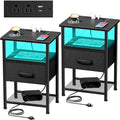 Nightstands Set of 2 with Charging Station and Drawer, End Table Bedside Table with 20 Colors LED Light Strip and 2 Layers Shelf for Bedroom Living Room Sofa Couch (Black)
