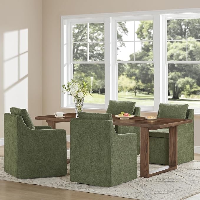 Upholstered Dining Chairs with Casters Easy Assembly Side Deskchair with Rollers for Diningroom, Living Room, Green, 4 Box