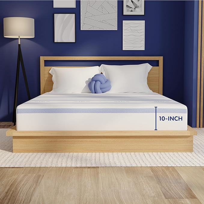 Vibe Gel Memory Foam Mattress, Fiberglass Free 10-Inch CertiPUR-US Certified Bed-in-a-Box, Queen, White