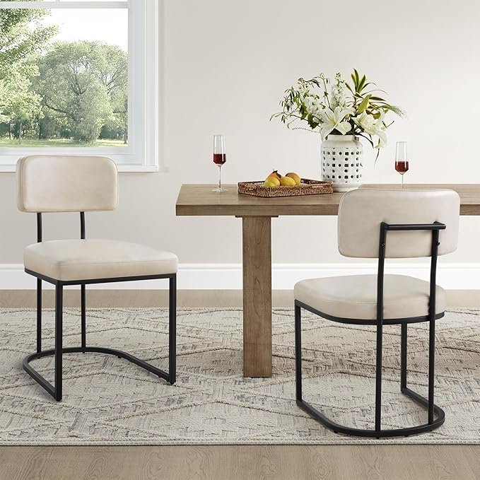 Dining Chairs Set of 6, Upholstered Modern Kitchen Chairs with Ergonomic Backrest, Faux Leather Cushion Seat & Metal Legs for Living Room, Restaurant, and Café, Beige, 2 Boxs