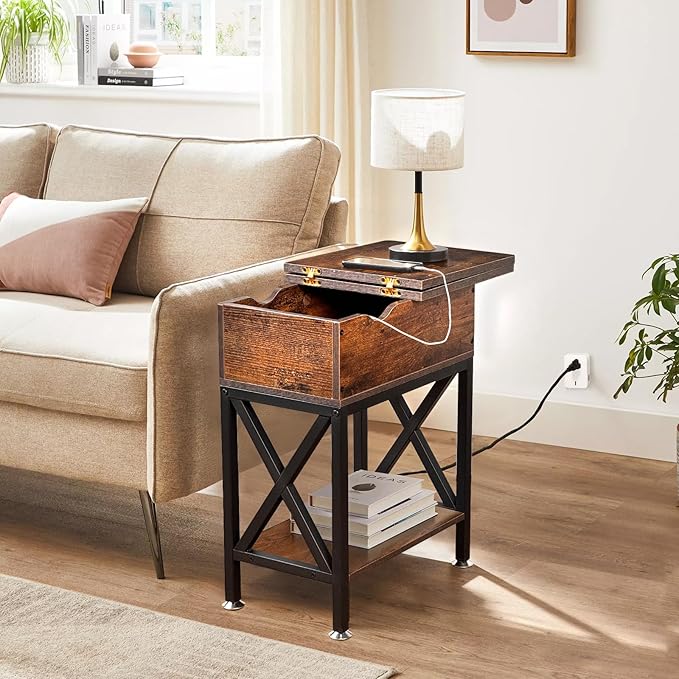 Toocust End Table Living Room with Charging Station, 11"D x 24"W x 23"H, Flip Top Side Table with USB Ports and Outlets, Narrow End Table with 5.3" Deep Drawer, Reinforced Steel X-Frame, Rustic Brown