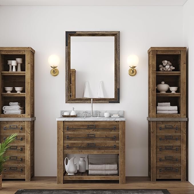 YOSHOOT Farmhouse Bathroom Mirror, Rustic Wooden Framed Mirror, Wood Vanity Mirror, Solid Wood & Handmade, Vertical or Horizontal Hanging for Bathroom Entryway Living Room Bedroom, 48" x 30", Brown