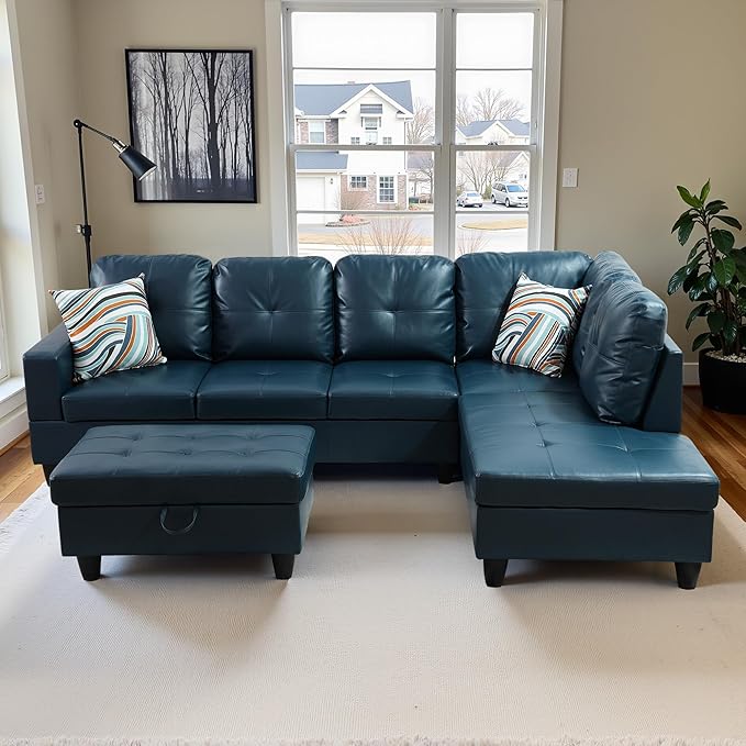 Osparple Sectional Couch PU Leather L Shaped Couch 3 Pieces Modular Sectional Sofa with Storage Ottoman for Living Room and Small Apartment, Peacock Blue