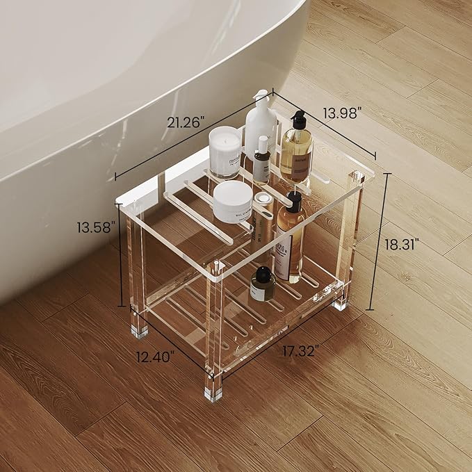 Acrylic Shower Bench for Inside Shower 13.98" D X 21.26" W X 18.31" H, Heavy Duty (Hold Up to 300lbs) Bathroom Shower Stool with Storage Shelf, for Shaving Legs & Spa, Waterproof Non-Slip