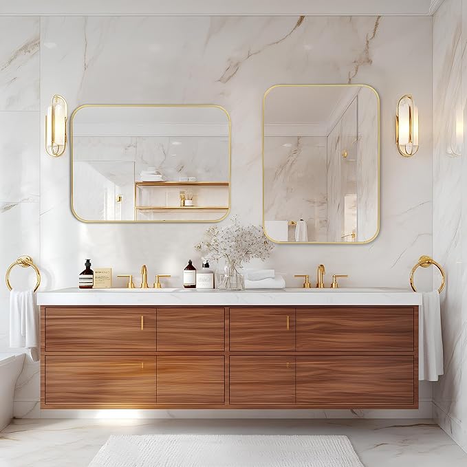 MZON 16x20 Inch Brushed Gold Vanity Mirror, Rectangle Bathroom Mirrors for Over Sink, Anti-Rust Frame & Tempered Glass, Hangs Horizontally/Vertically - Ideal for Small Bathroom or Powder Room