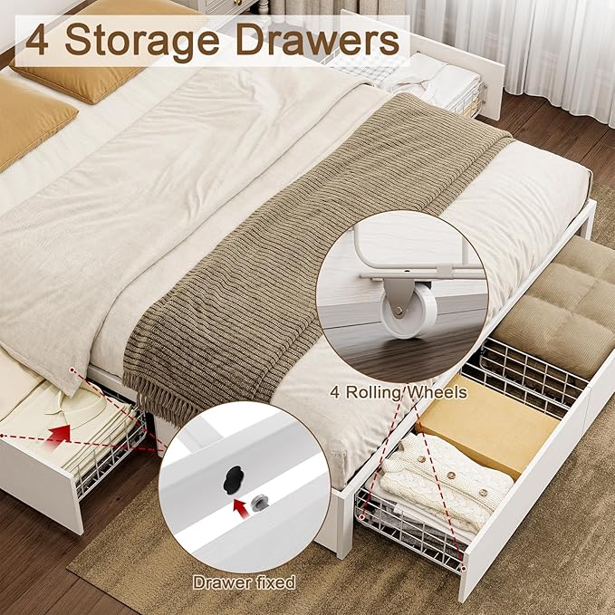 King Bed Frame with 4 Storage Drawers Bed Frame King Size with Headboard LED Lights Charging Station Metal Slats Platform Heavy-Duty Support No Box Spring Needed White