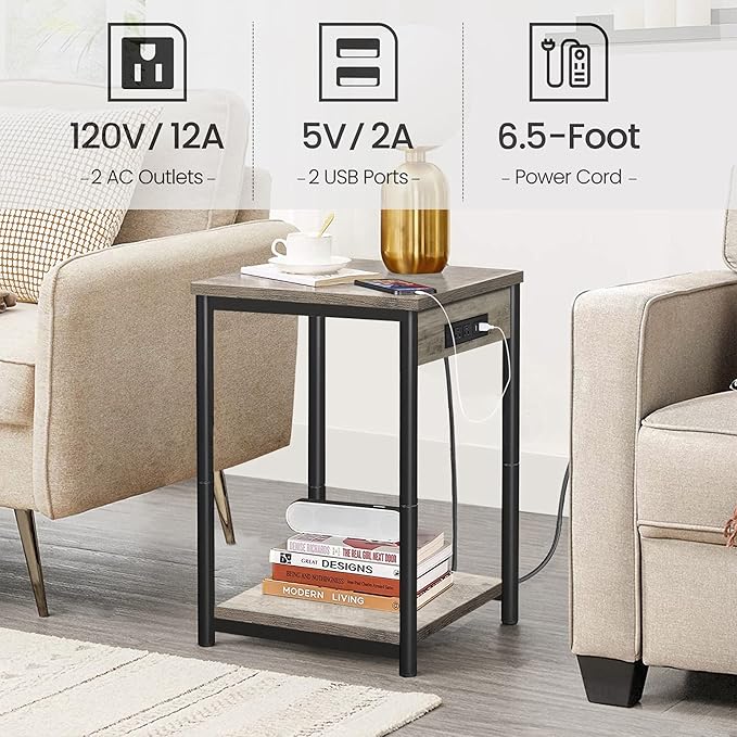 TUTOTAK End Table with Charging Station, Side Table with 2 USB Ports and 2 Outlets, 21.8”H 2-Tier Nightstand with Storage Shelf, Sofa Table TB01BG025 (1 pc)