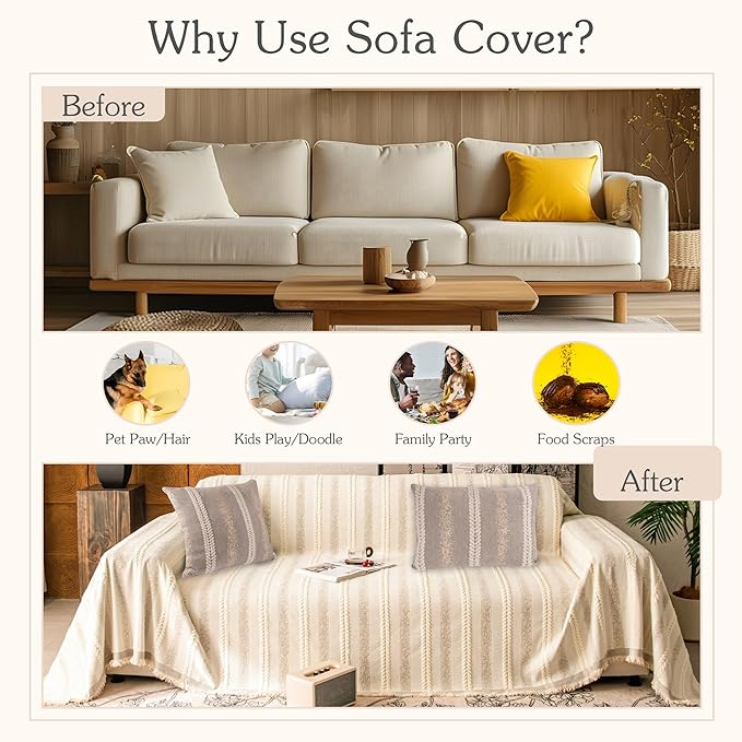Couch Cover for Dogs Washable Sofa Cover, Sectional Couch Covers, Sofa Covers for 2 Cushion Couch, Non Slip Stripe Sofa Slipcovers Furniture Protector, Couch Protector from Cat Claws, Beige,75''x150''
