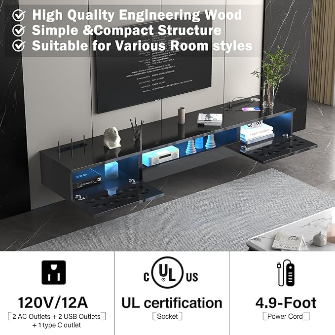 Floating TV Stand, 71" Floating Entertainment Center Wall Mounted,Floating Wall Mounted TV Shelf,Modern High Gloss tv Cabinet Media Console with Storage