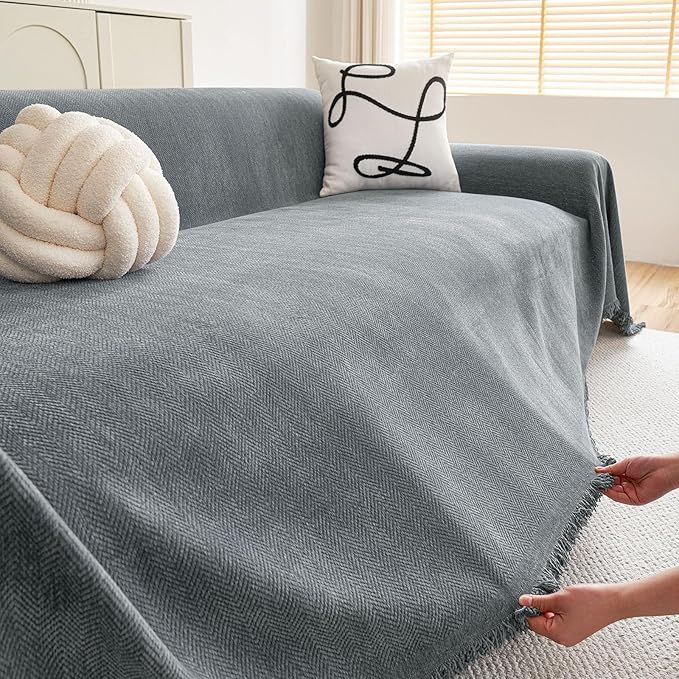 hyha Couch Cover for Dogs, Boho Sofa Covers for 3 Cushion Couch Washable, Chenille Sofa Slipcover for Pets, Soft Loveseat Sectional Couch Throw Blankets with Tassels (Grey, 88.5x150 Inch)