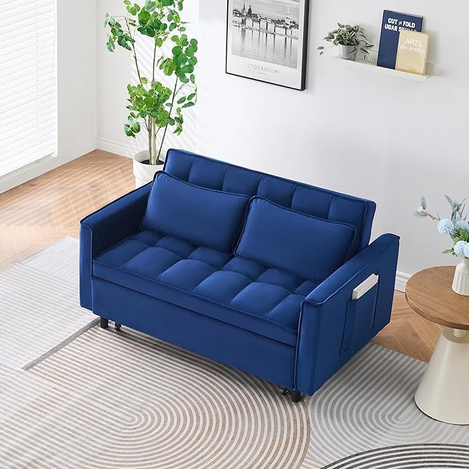Ball & Cast 3 in 1 Convertible Sleeper Sofa Bed,Velvet Futon Couch with Pull-Out Bed,Convertible Pull Out Couches W/ 2 Pillows,Adjustable Backrest & Side Pocket,for Living Room,Apartment,Blue,55"