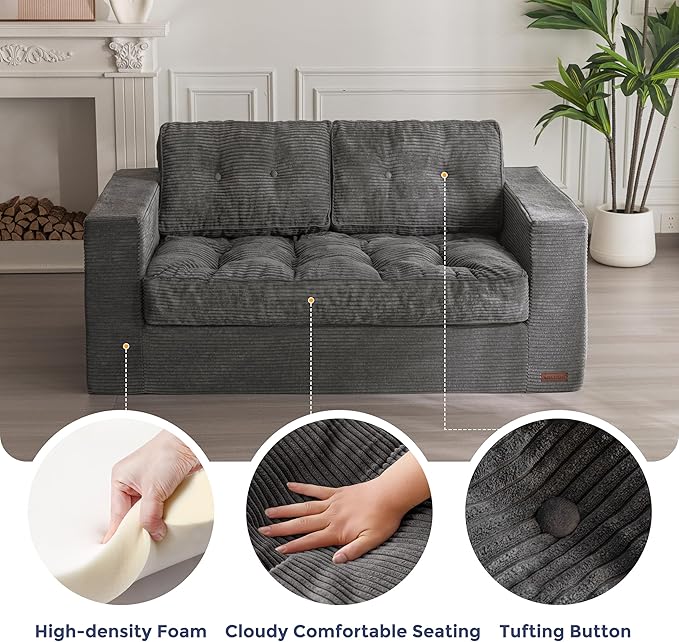 MAXYOYO Bean Bag Chair for Adults, Upholstered Floor Sofa with Armrests, Loveseat Boneless Couch with Tufted Cushion & Backrest, Sofa in A Box, Large Bean Bag Couch for Bedroom Living Room, Dark Grey