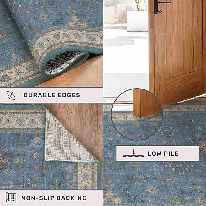 Boho 6x8 Living Room Rugs - Modern Blue Dining Room Rug for Under Table, Lightweight Washable Foldable Low Pile Soft Carpet, Eclectic Floral Bedroom Décor Aesthetic