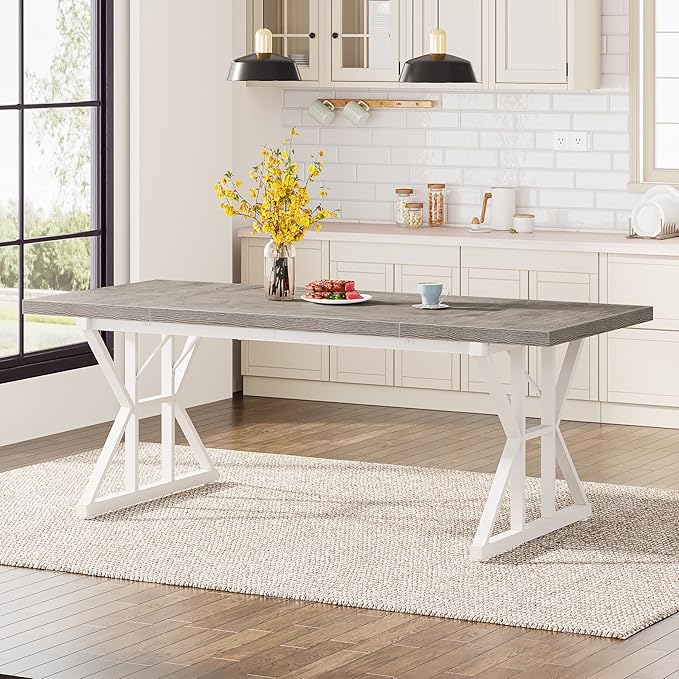 Tribesigns Farmhouse Dining Table for 6 People, 70.8-Inch Rectangular Wood Dining Table, Rustic Kitchen Table with Heavy Duty Metal Legs for Dining Room(Grey)