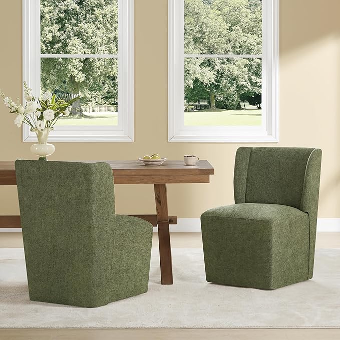 Upholstered Dining Chair with Casters Wingback Modern Side Armless Deskchair with Rollers for Diningroom Bedroom Livingroom Reading Room,Green,2 Box