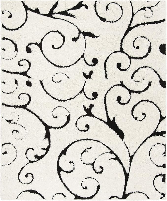 SAFAVIEH Florida Shag Collection Area Rug - 11' Square, Ivory & Black, Scroll Design, Non-Shedding & Easy Care, 1.2-inch Thick Ideal for High Traffic Areas in Living Room, Bedroom (SG455-1290)