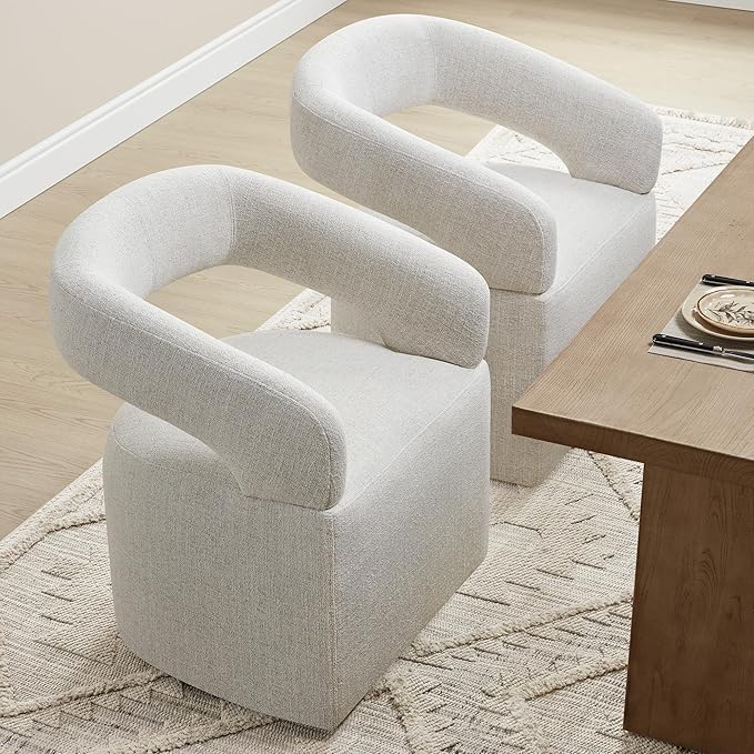 Upholstered Dining Chairs with Casters Modern Barrel Side Armchair with Rollers for Diningroom Bedroom Livingroom Reading Room, Beige, 1PCS