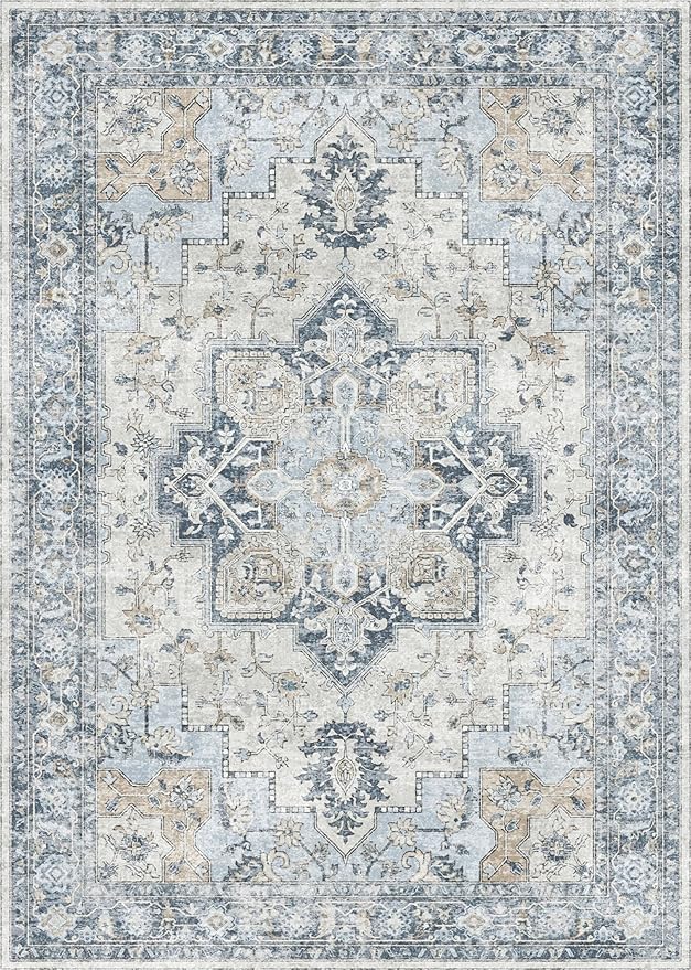GENIMO 5x7 Area Rugs for Living Room, Machine Washable Rug, Non Slip Vintage Rugs, Low Pile Lightweight Chenille Print Indoor Rug for Bedroom, Dining Room, Home Office, Blue