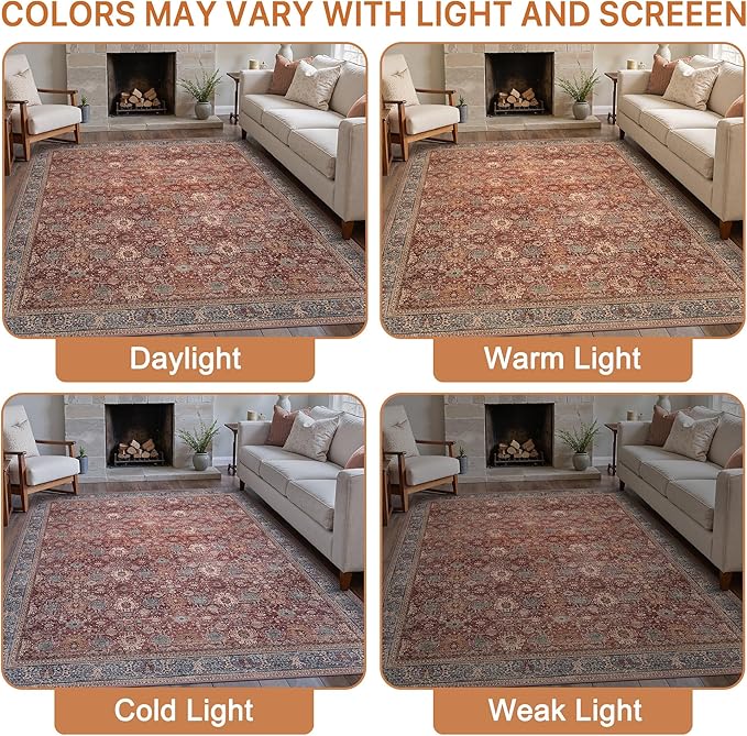 10X14 Area Rugs Machine Washable Rugs for Living Room, Vintage Boho Large Rugs for Bedroom Dining Room, Non Slip Indoor Soft Distressed Lightweight Thin Low Pile Carpet, Red Brown
