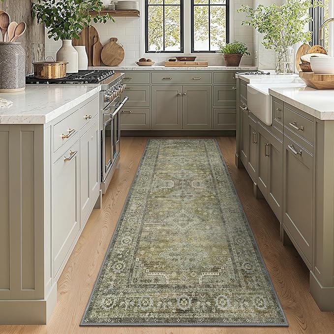 GENIMO Runner Rug 2x12 Non Slip Machine Washable Vintage Hallway Runner Rugs, Low Pile Lightweight Mat for Living Room, Entryway, Bedroom, Kitchen and Corridor, Distressed Sage
