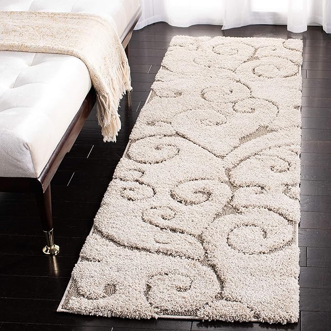 SAFAVIEH Florida Shag Collection Runner Rug - 2'3" x 19', Cream & Beige, Scroll Design, Non-Shedding & Easy Care, 1.2-inch Thick Ideal for High Traffic Areas in Living Room, Bedroom (SG455-1113)