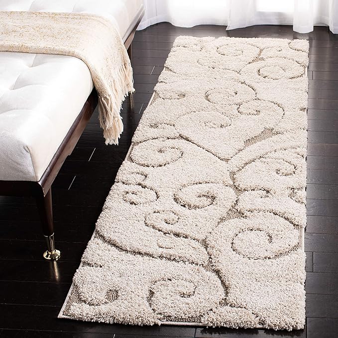 SAFAVIEH Florida Shag Collection Runner Rug - 2'3" x 21', Cream & Beige, Scroll Design, Non-Shedding & Easy Care, 1.2-inch Thick Ideal for High Traffic Areas in Living Room, Bedroom (SG455-1113)