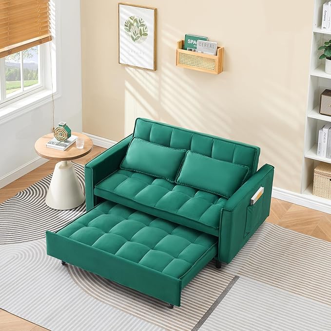 Ball & Cast Convertible Sofa Bed,Pull Out Loveseat Sleeper Sofa,Convertible Pull Out Couch W/ 2 Pillows,Adjustable Backrest & Side Pocket,Corduroy Futon Couches for Living Room,Apartment,Green,55"
