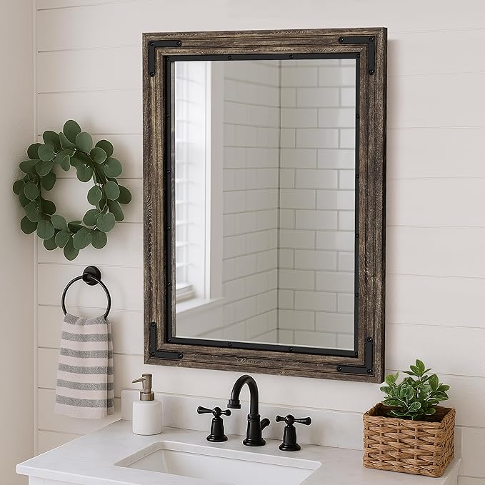 YOSHOOT Farmhouse Bathroom Mirror, Rustic Wood Mirror, Wooden Framed Vanity Mirror, Solid Wood & Handmade, Vertical or Horizontal Hanging for Bathroom Entryway Living Room Bedroom, 40" x 26", Brown