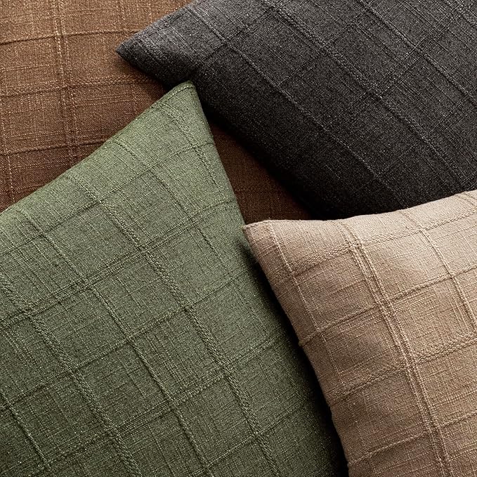 Foindtower Set of 2 Decorative Linen Check Throw Pillow Covers Neutral Farmhouse Vintage Cushion Covers Modern Boho Home Decor for Sofa Chair Couch Bedroom Living Room Outdoor,22×22 Inch,Brown Hazel