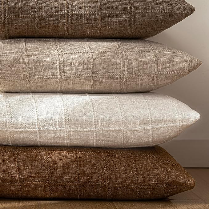 Foindtower Set of 2 Decorative Linen Check Throw Pillow Covers Neutral Farmhouse Vintage Cushion Covers Modern Boho Home Decor for Sofa Chair Couch Bedroom Living Room Outdoor,18×18 Inch,Cream White