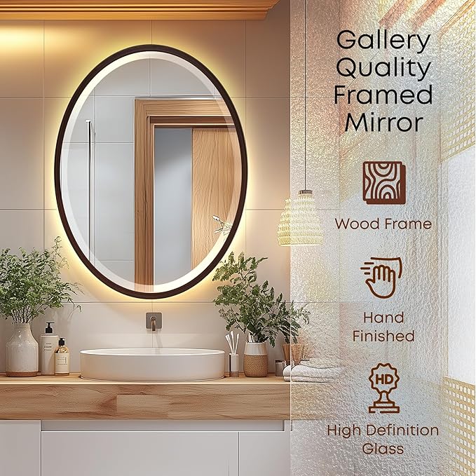 OVALCREST - Oval Wooden Beveled Wall Mirror for Home Decor, Bathroom, Vanity, Bedroom, Living Room, Hallway - London Style (Black Walnut) 21.1 x 25.1