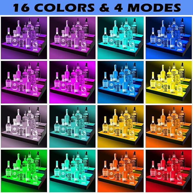 Royxen LED Lighted Liquor Bottle Shelf 3 Tier, 24 Inch Bar Shelf with Remote, Bottle Stand Multicolor Lighting Modes for Bars