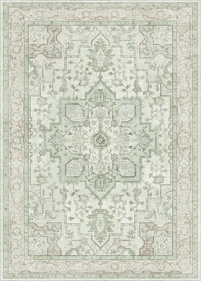 GENIMO 6x9 Area Rugs for Living Room, Machine Washable Non Slip Vintage Rugs, Low Pile Lightweight Chenille Print Rug for Bedroom, Dining Room, Home Office, Oat Light