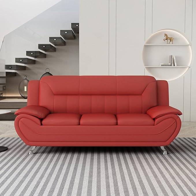 Container Furniture Direct Michael Modern Faux Leather Upholstered Stainless Steel Legs Living Room Sofa, Persian Red