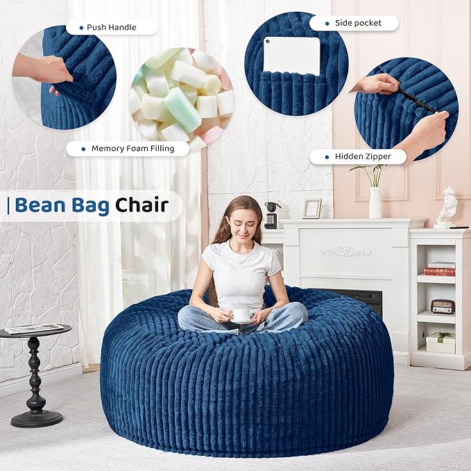 HABUTWAY 4FT Bean Bag Chair, 4' Large Bean Bag Chairs for Adults with Removable Stripe Plush Cover, Memory Foam Beanbag Chair for Living Room Bedroom Dorm (Blue)
